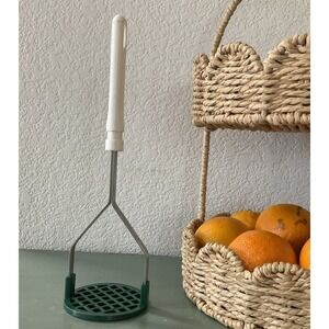 Vintage Potatoe Masher Green Base White Handle Stainless Steel